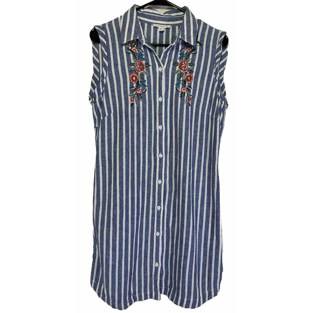 Beach Lunch Lounge Linen Blend Stripe Embroidered Dress Medium Button Down